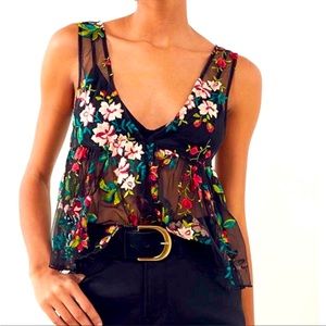 Ecote Urban Outfitters Veita Mesh Tank Peplum Black Floral Embroidered Sheer V